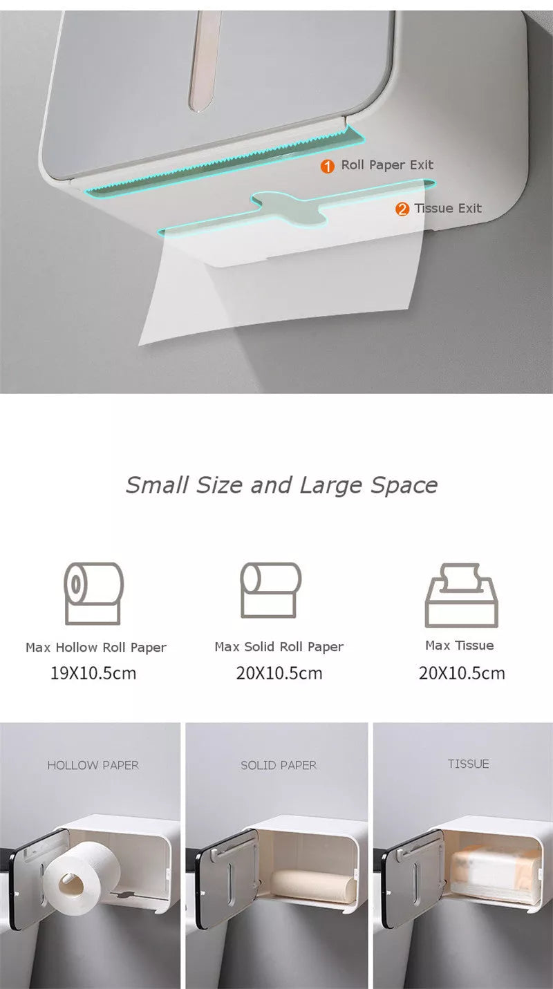 Wall mounted waterproof toilet paper holder with transparent window in grey, black, or blue