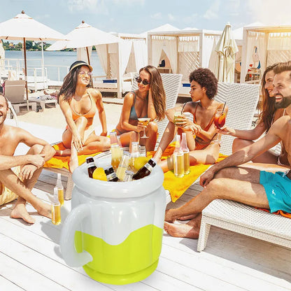 Bright yellow inflatable PVC ice bucket for portable drink cooling at parties and outdoors.