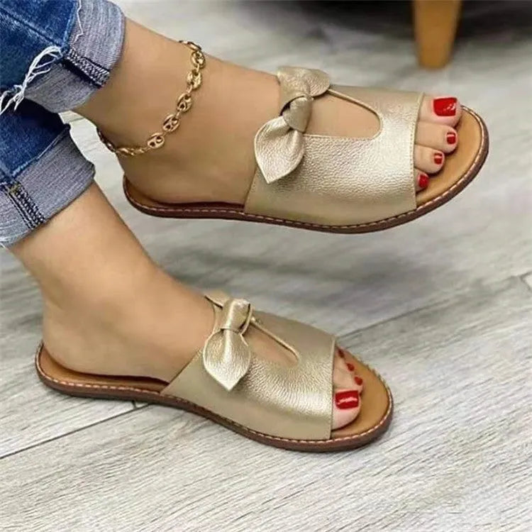 Ladies sandals with bow detailing and fish mouth design: breathable artificial PU upper, rubber sole, sizes 36-43 in black, pink, and gold for daily wear