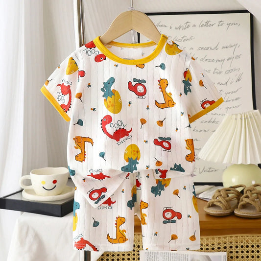 Children's blue shorts suit with airplane dinosaur pattern, short sleeves and matching shorts