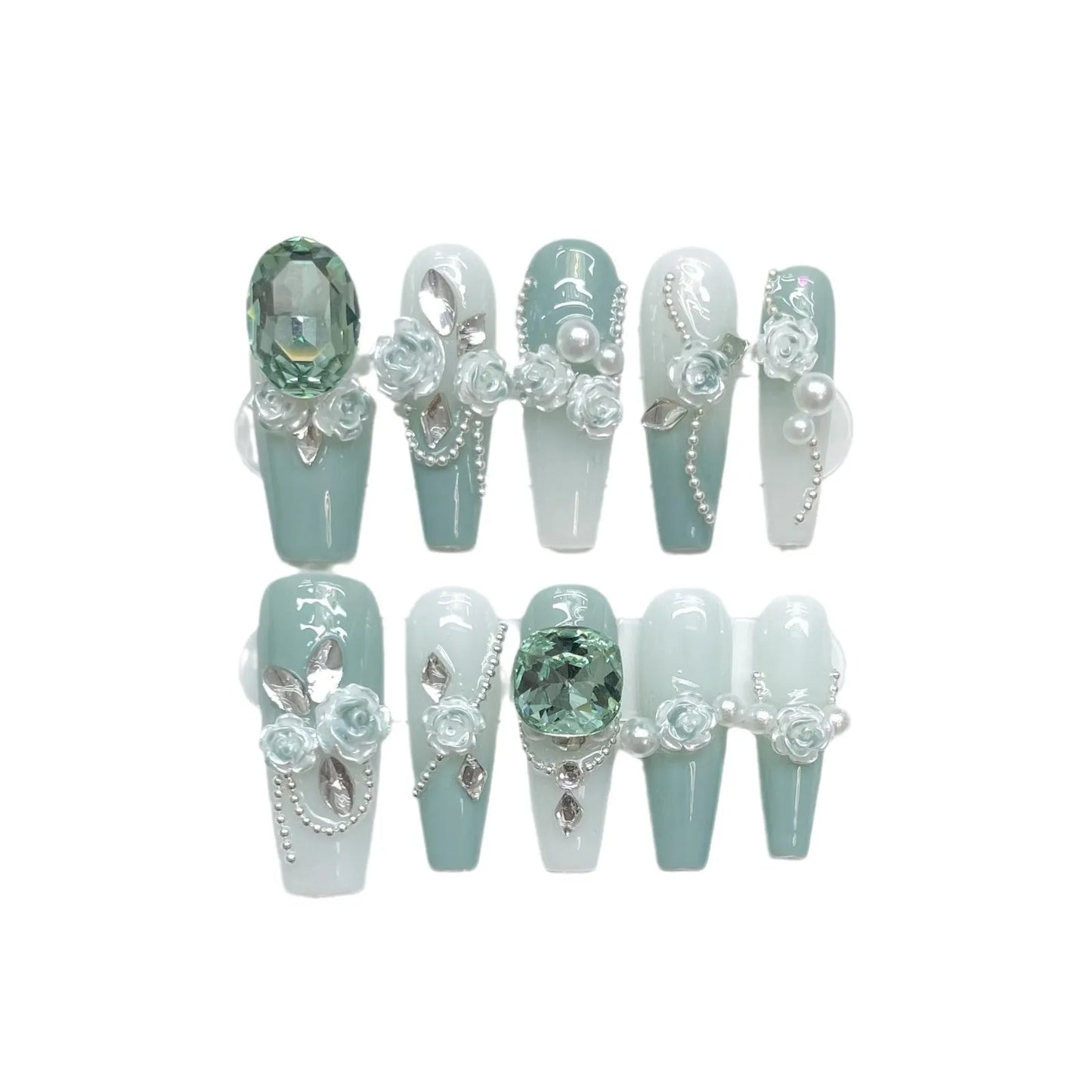 Wear Armor green plastic nail suit with camellia flower gradient and bow accent, shown in sizes XS to L.