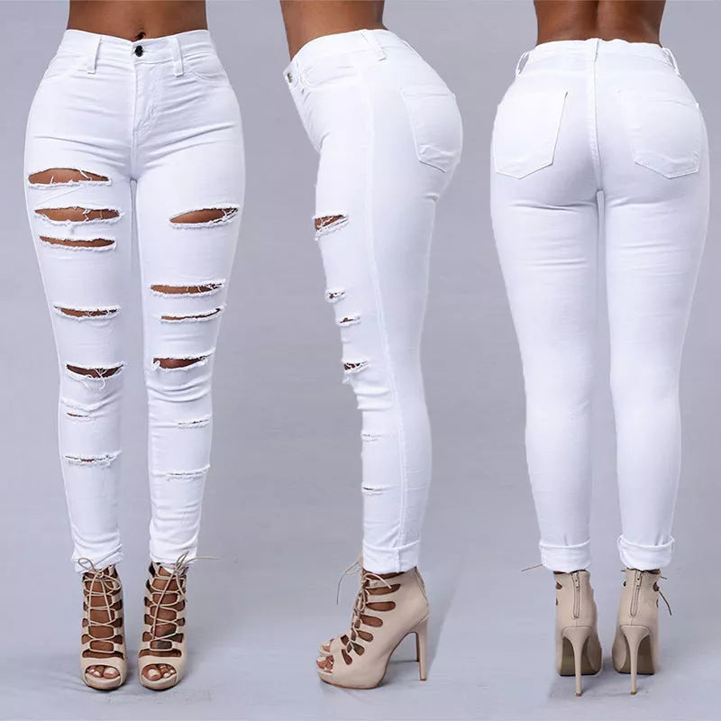 Women's high waist ripped skinny jeans in cotton, available in white and black