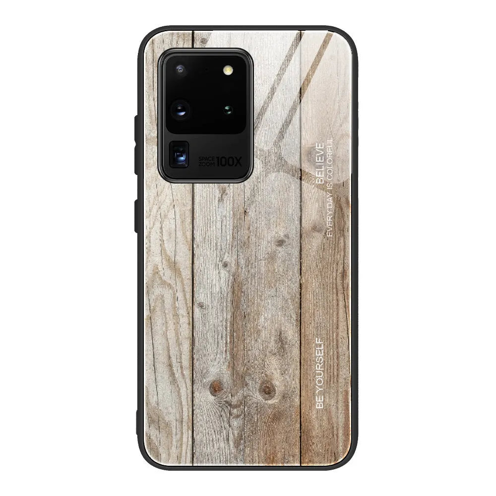 Wood grain tempered glass back cover phone case for Samsung Galaxy, simple style, colours M01 to M06