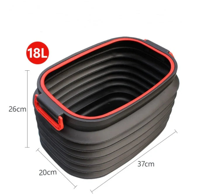 Vehicle-mounted retractable fishing car washing bucket in black and red