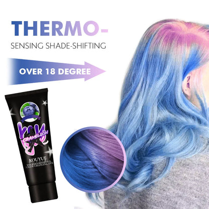 Thermochromic hair dye cream that changes color at 18°C, available in green yellow and black silver