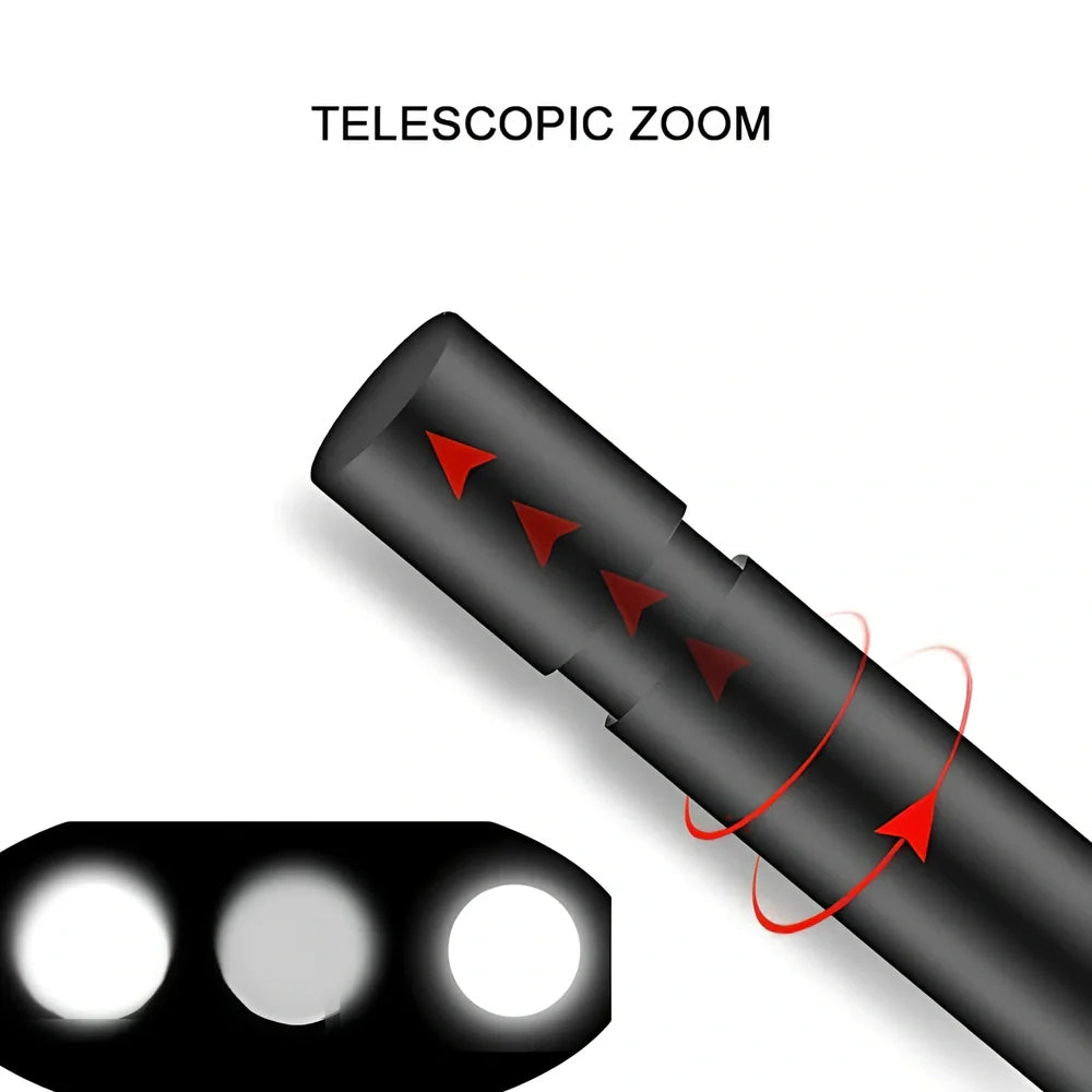 Black aluminium alloy USB rechargeable flashlight with 300m beam range measuring 8.5x2x2cm