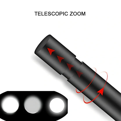 Black aluminium alloy USB rechargeable flashlight with 300m beam range measuring 8.5x2x2cm