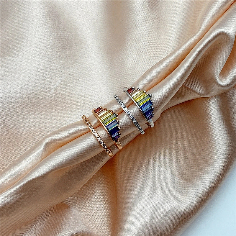Stylish Rainbow Micro Diamond Ring with geometric design and vibrant colors