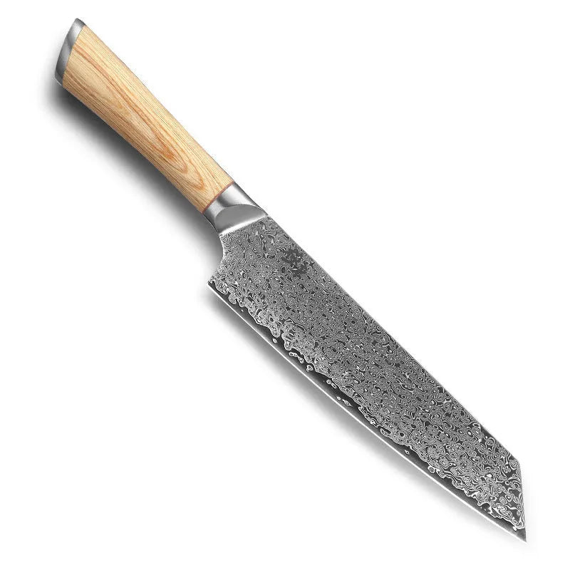 Damascus pattern kitchen knife set with eight stainless steel blades in various sizes