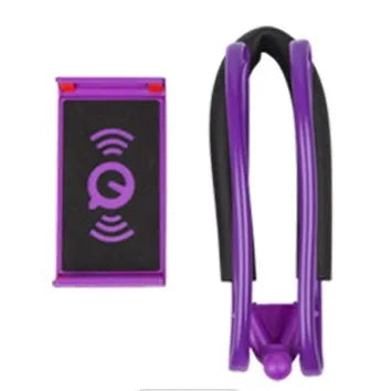 Neck phone holder with 360-degree rotating clamp in multiple colours, holding a smartphone
