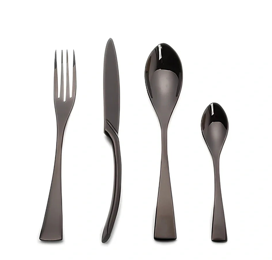 Four-piece black stainless steel cutlery set with mirror polishing showing fork, knife, coffee spoon, and soup spoon