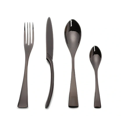 Four-piece black stainless steel cutlery set with mirror polishing showing fork, knife, coffee spoon, and soup spoon