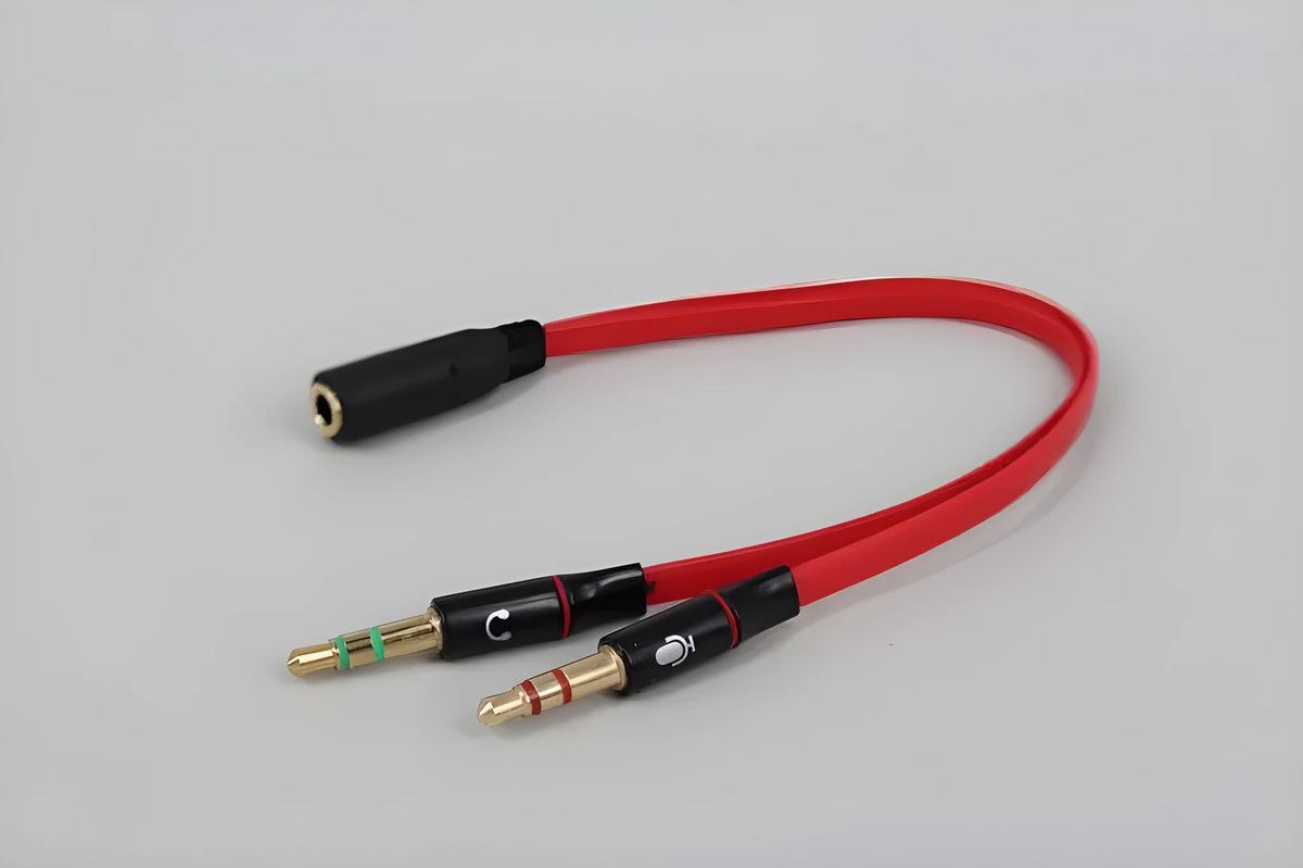 Double line computer headset adapter cable, 3.5mm audio plug, 19cm, black white red, steel wire core