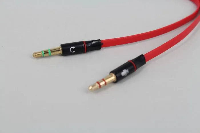Double line computer headset adapter cable, 3.5mm audio plug, 19cm, black white red, steel wire core