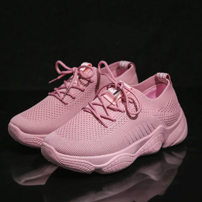 Women's white flying woven sports shoes with thick rubber soles and front strap design
