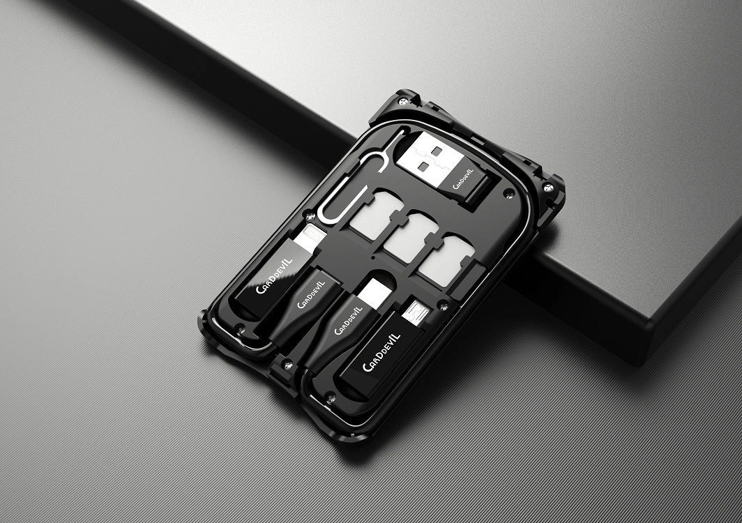 Multifunctional Travel Survival Card All-in-One Data Cable in black, featuring USB, Type-C, and micro USB interfaces