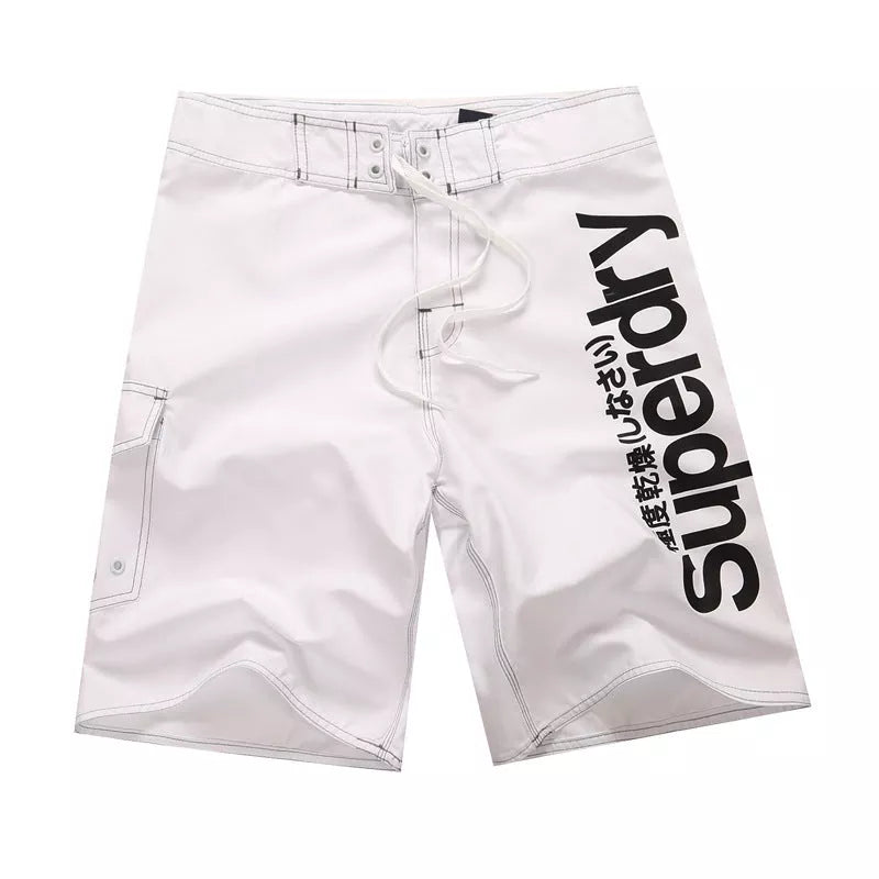 Men's striped beach shorts in white, blue, and black, sizes 30-38