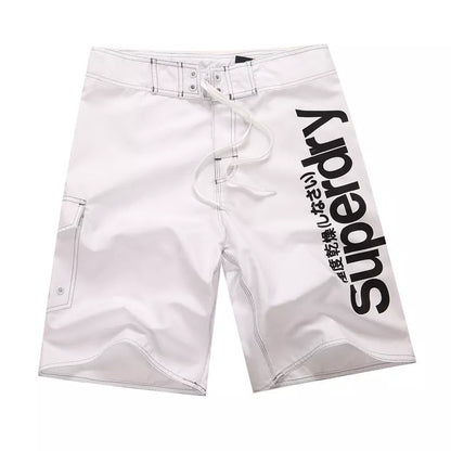 Men's striped beach shorts in white, blue, and black, sizes 30-38