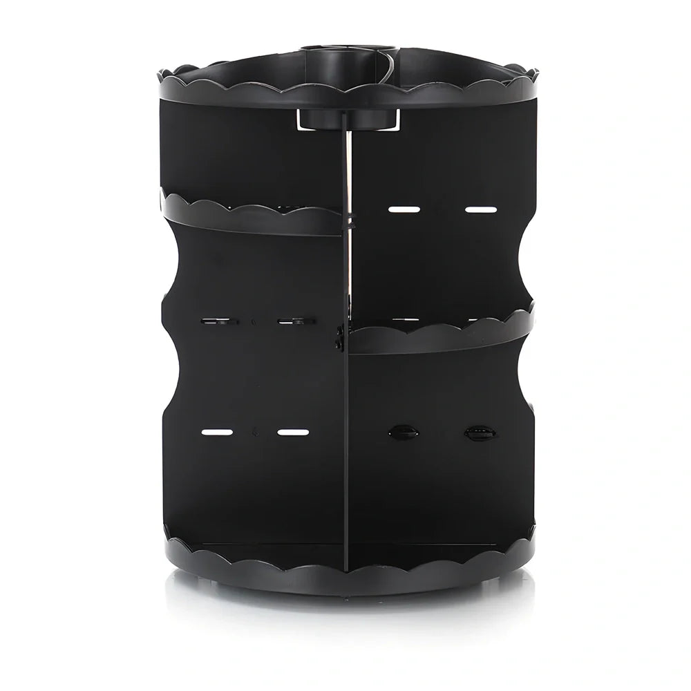 Rotating cosmetics organiser with 360-degree mechanism measuring 23 x 30.5cm in plastic construction