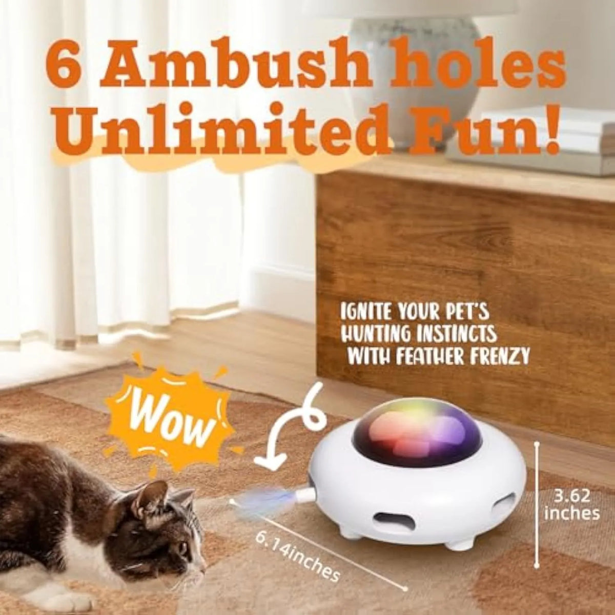 White automatic cat toy with colourful feathers and cleaning ring attachment on floor