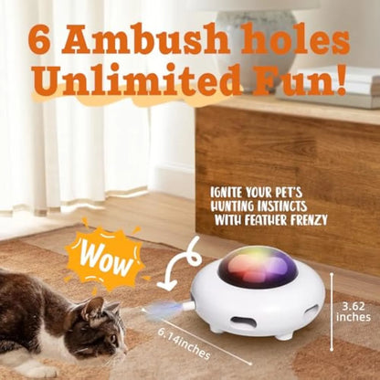 White automatic cat toy with colourful feathers and cleaning ring attachment on floor