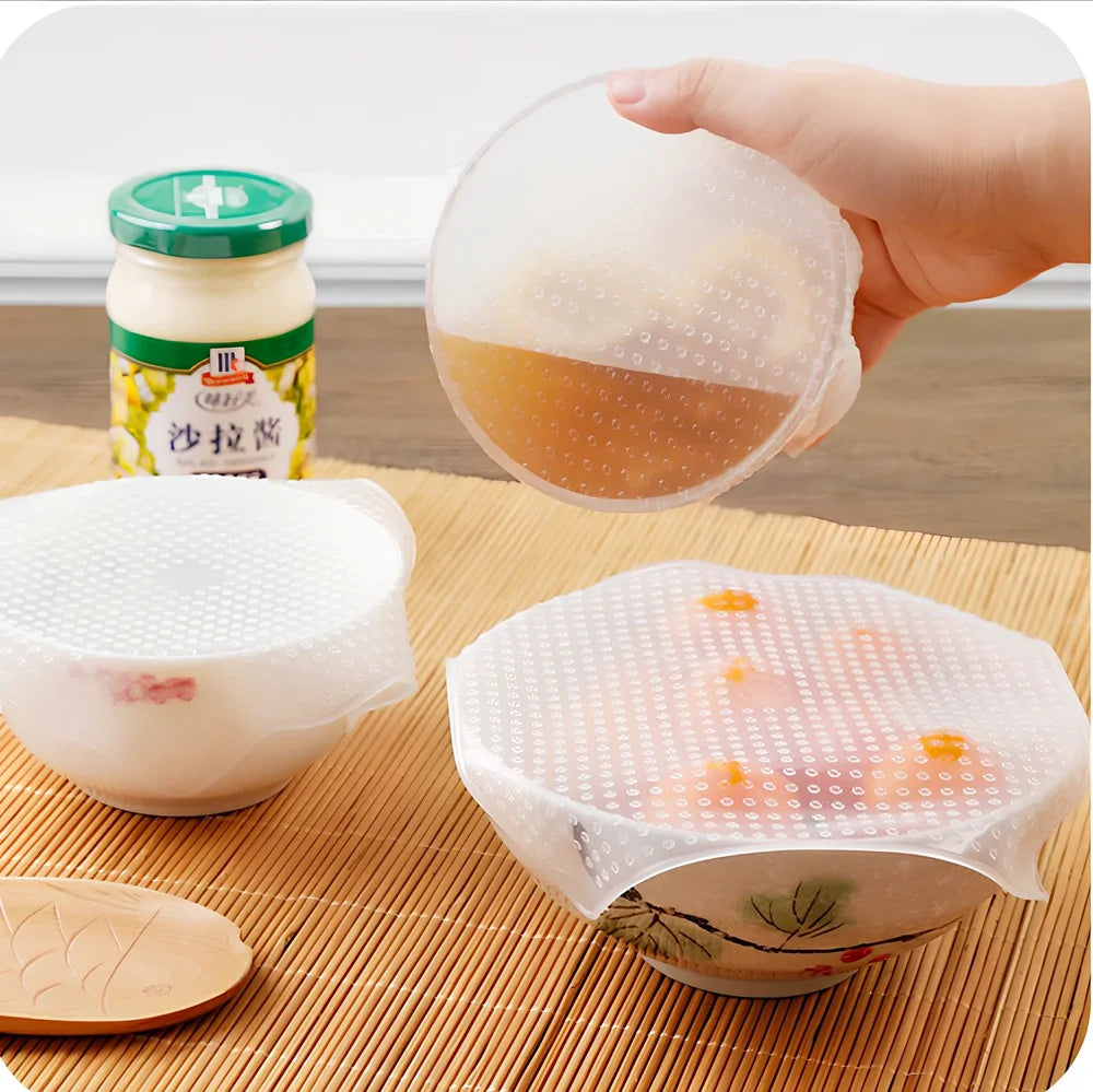 Reusable silicone stretch film covering bowl showing stretch capability and airtight seal