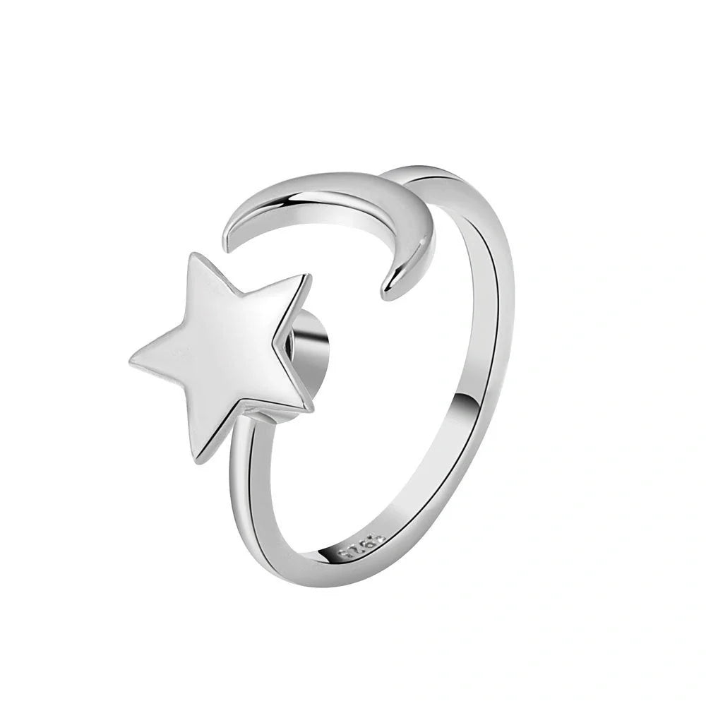 Adjustable Star-Moon Rotating Ring for Women in gold and white gold finishes