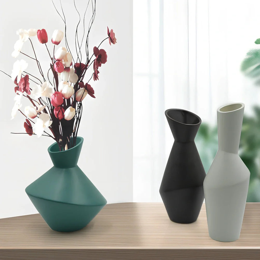 Nordic oblique mouth ceramic vase in black, 20cm height, geometric design for flower stems