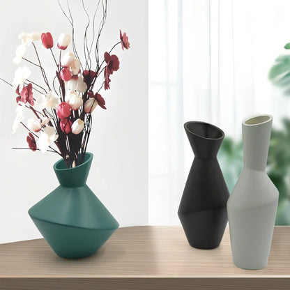 Nordic oblique mouth ceramic vase in black, 20cm height, geometric design for flower stems