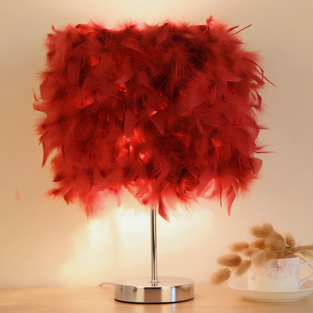 Feather night light with fur shade showing push-button switch and LED illumination in pink colour option