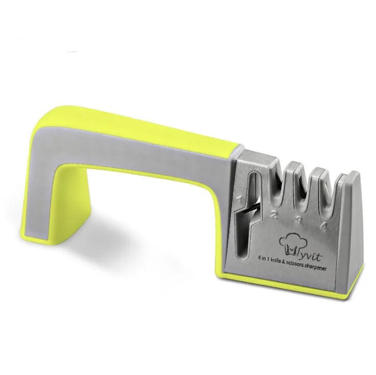 Black and cyan four-in-one kitchen knife sharpener with multiple sharpening rods on display
