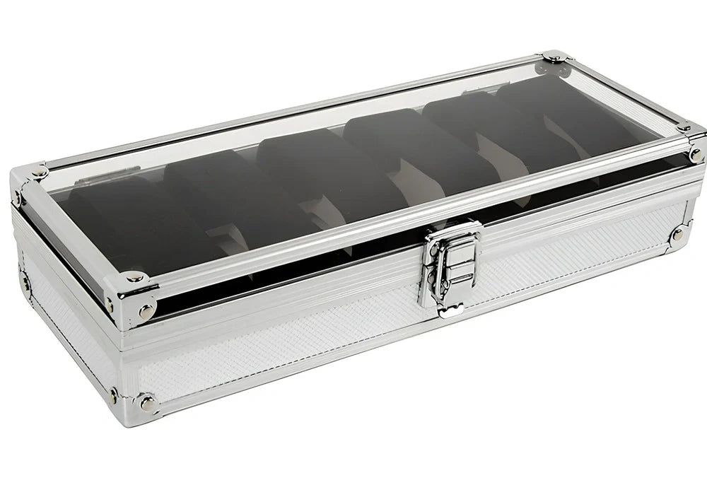 Aluminium watch storage box with clear lid showing six velvet-lined compartments for watch collection