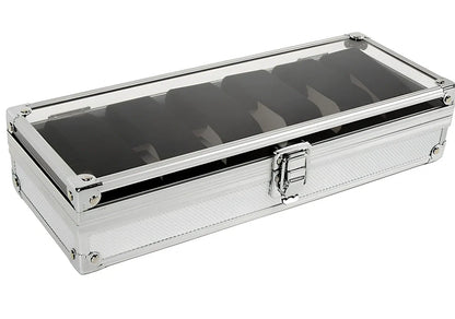 Aluminium watch storage box with clear lid showing six velvet-lined compartments for watch collection