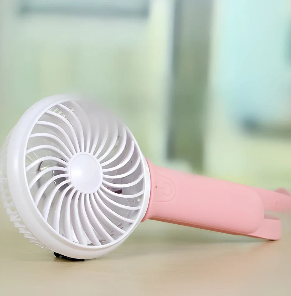 Mini USB hand fan with 200mm blades and LED light in blue, green, grey, or pink colours
