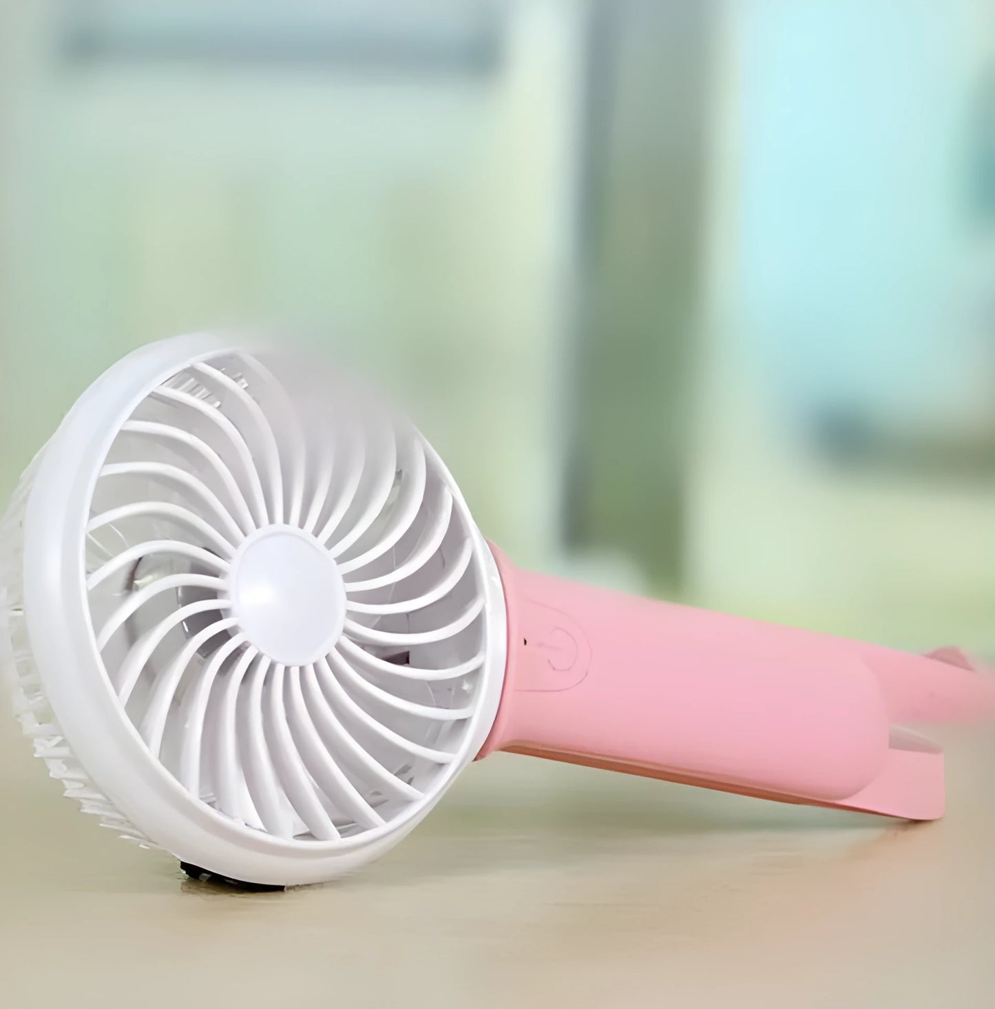 Blue portable USB rechargeable hand fan with 200mm blades and LED light function