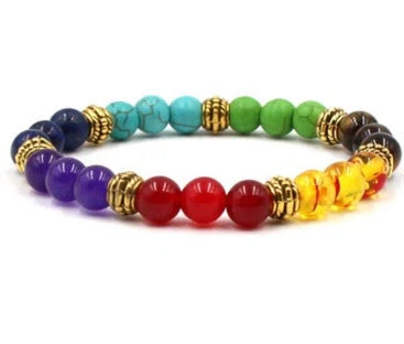Natural Stone Colorful Chakra Energy Yoga Bracelet with geometric design and 8mm beads