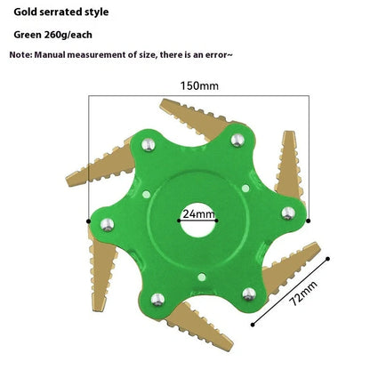 Agricultural alloy six-leaf knife grass head with black flat tooth blades and 28cm cutting diameter