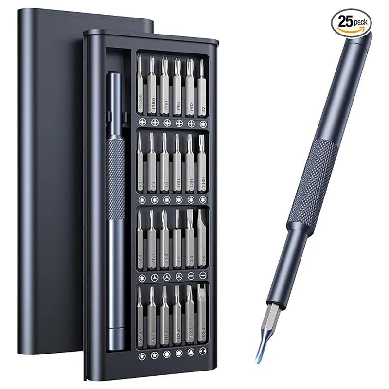 25-in-one screwdriver set with magnetic bits and knurled handle, 110mm long, for household repairs