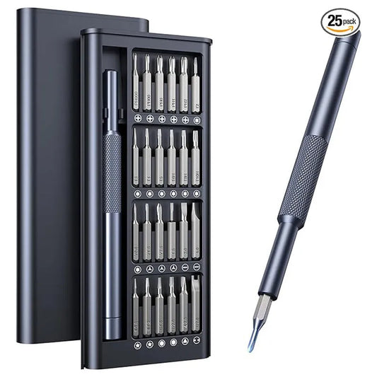 25-in-one screwdriver set with magnetic bits and knurled handle, 110mm long, for household repairs