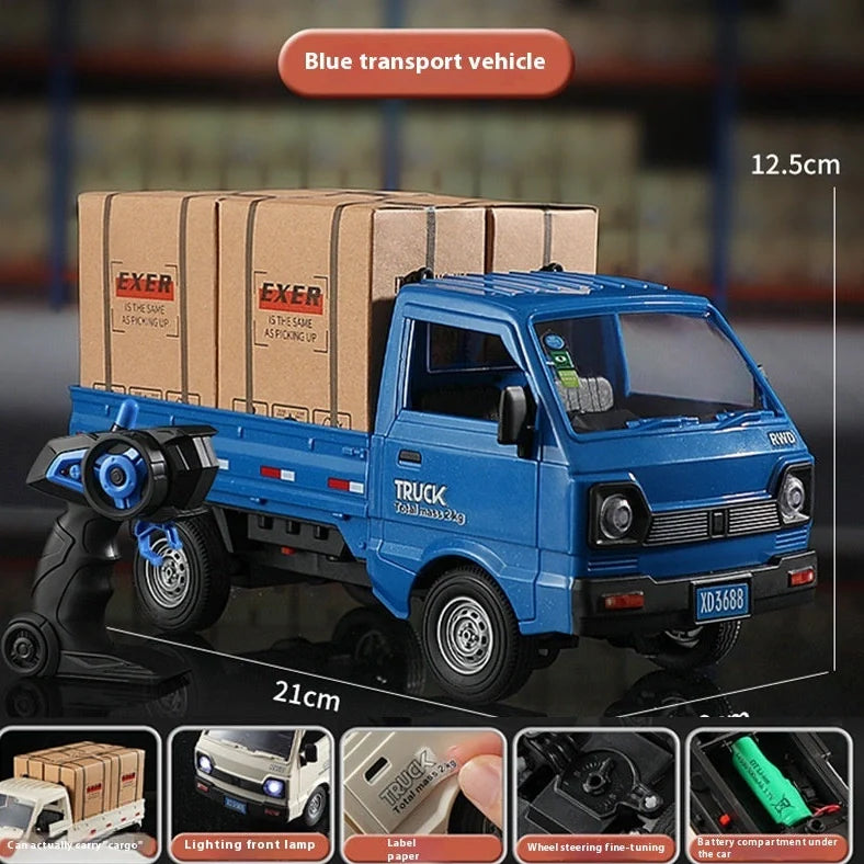 Blue remote control city truck with LED lights illuminated, demonstrating spray sound effect activation during operation