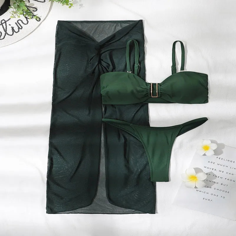 Three-piece bikini set with long culottes skirt in French style solid colour design