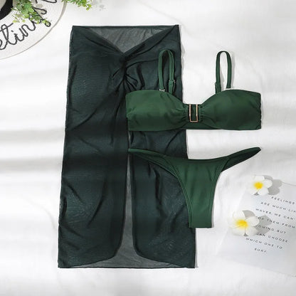 Three-piece bikini set with long culottes skirt in French style solid colour design