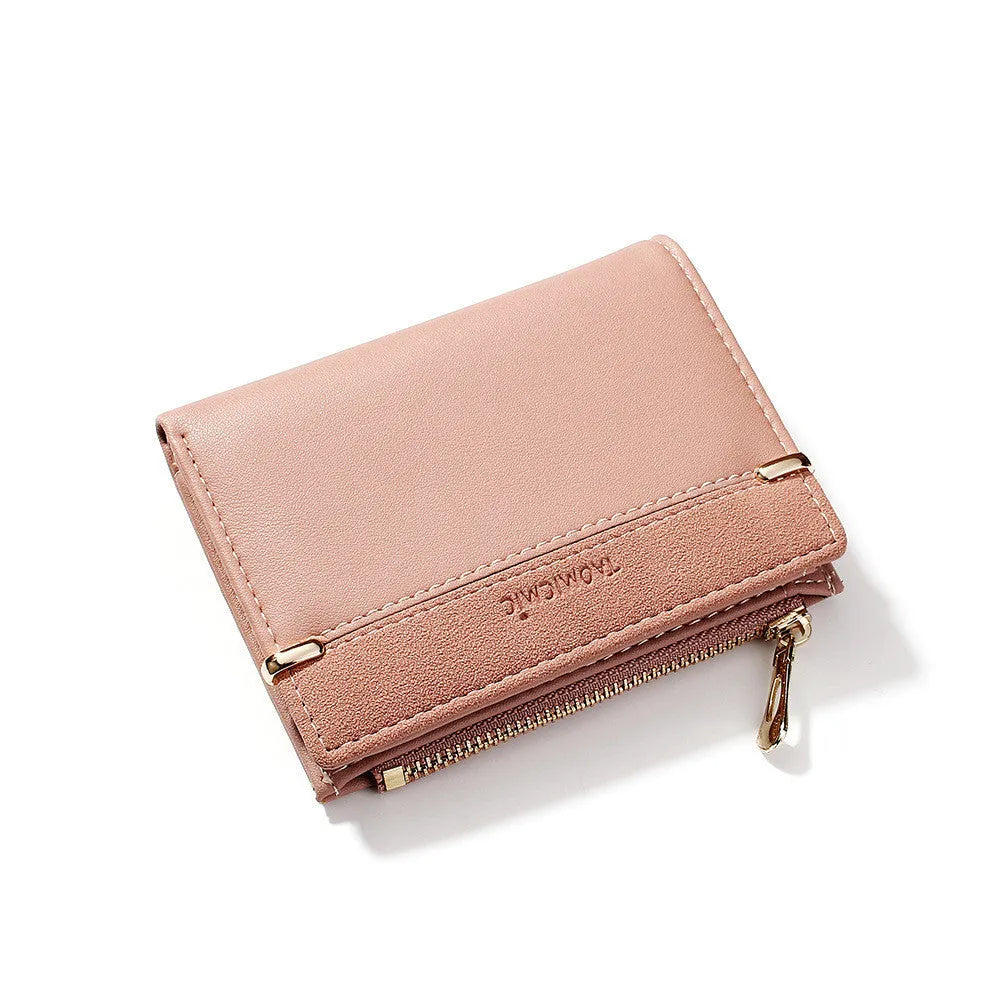 Multi card slot short zipper ladies wallet showing internal compartments including photo slot and zipper section