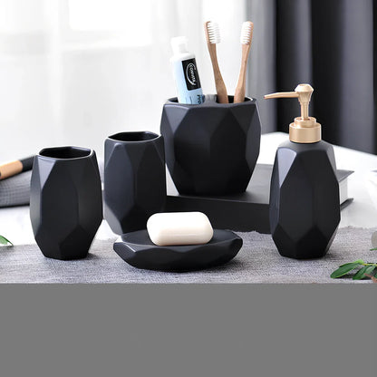 Five-piece ceramic bathroom set with diamond pattern matte finish in black and white options