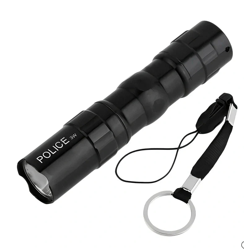 Compact black aluminum LED mini flashlight with 100-200m beam, 9.5cm long for portable use