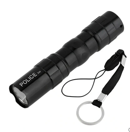 Compact black aluminum LED mini flashlight with 100-200m beam, 9.5cm long for portable use