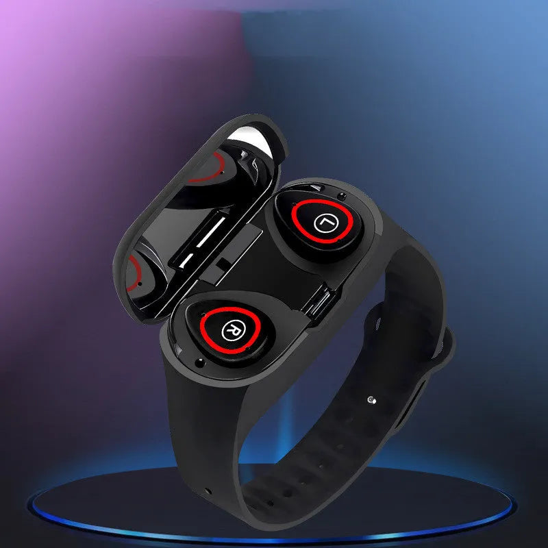 Blue, black, or red silicone smart bracelet with earphones for Android, showing 1-inch screen.
