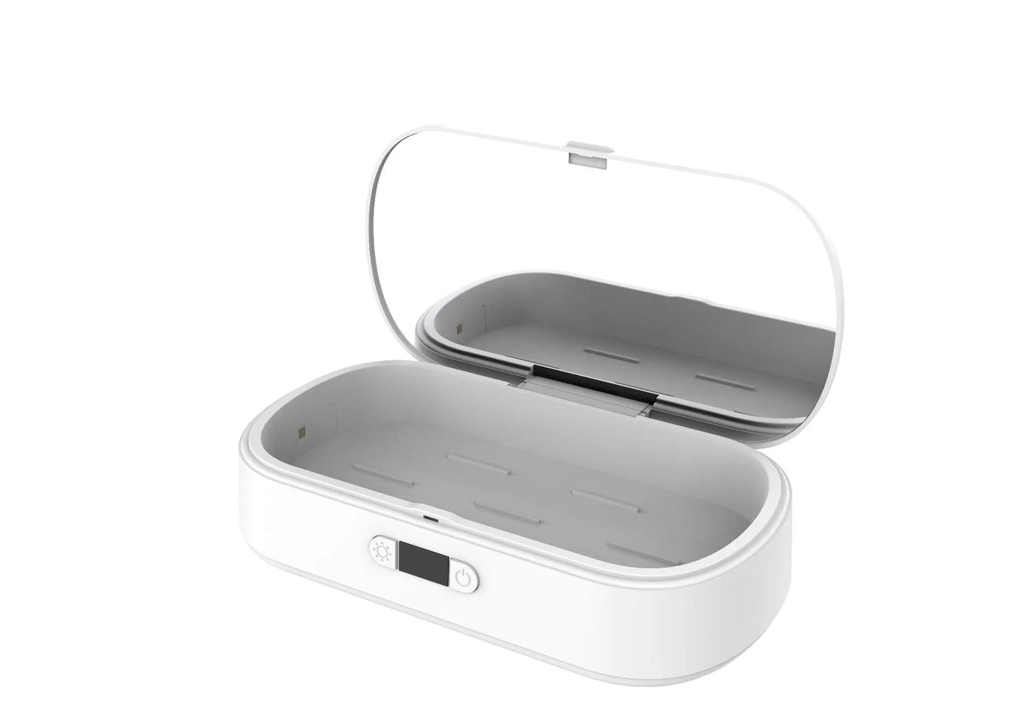 White ABS plastic ultraviolet wireless disinfection box steriliser with phone inside.