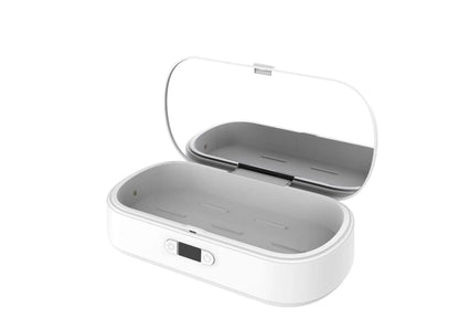 White ABS plastic ultraviolet wireless disinfection box steriliser with phone inside.