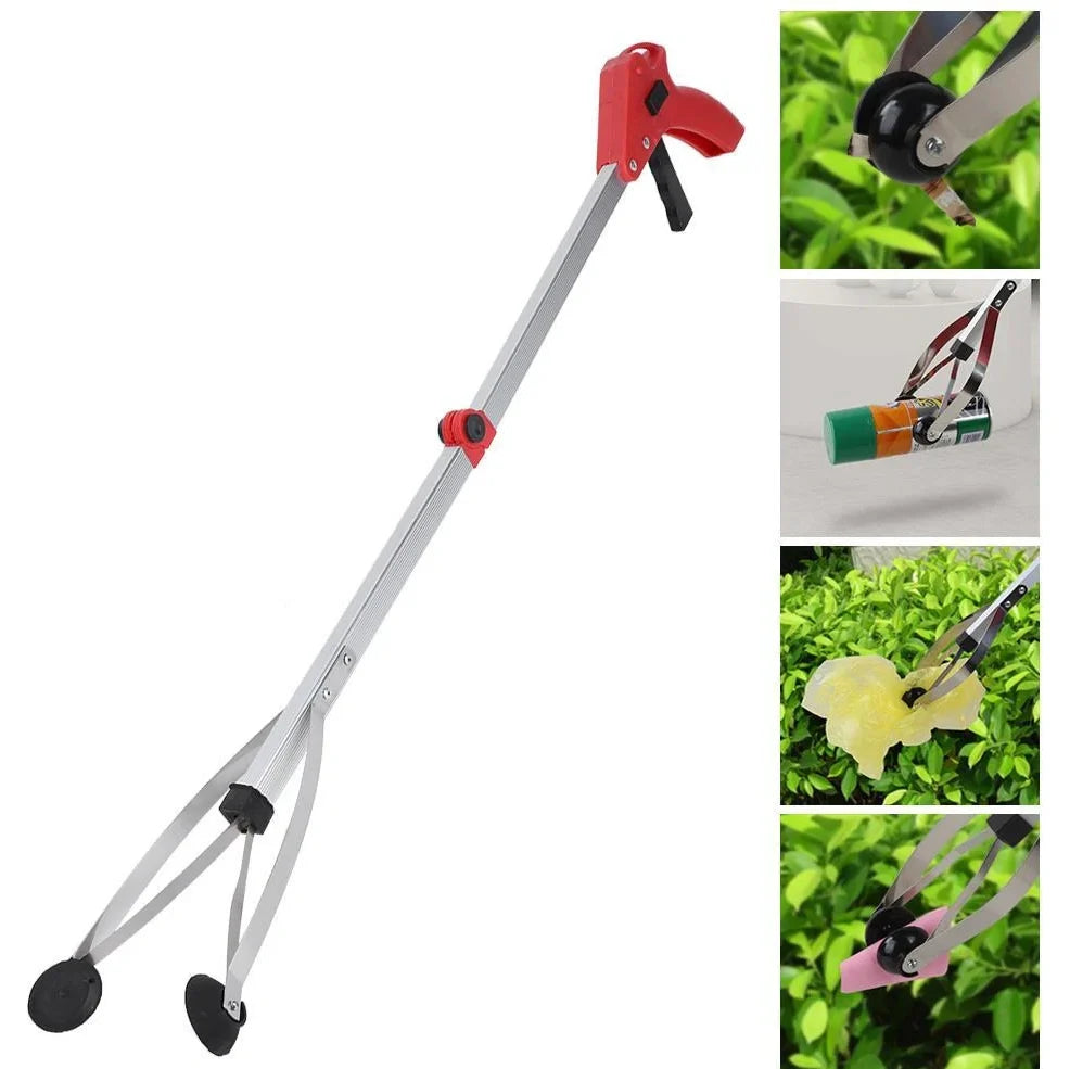 Blue aluminium folding grabber tool extended to 81cm with 8cm jaw opening showing rubber chuck